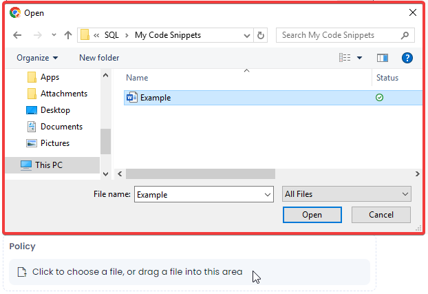 A screenshot that demonstrates how clicking on the attachment area of a will open the computer&#39;s file browser. In the example provided, the file browser only contains a single word document titled &quot;Example&quot;. 